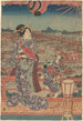 Nainen ja lapsi violetin kimonon yllä, laivojen ja sillan yläpuolella - Utagawa Kunisada Toyokuni III — näkymä teoksesta