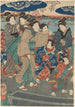 Seitsemän naista, kaksi sateenvarjoa, joen taustalla - Utagawa Kuniyoshi — näkymä teoksesta