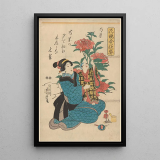 Utagawa Kuniyoshi - Woman in Blue Kimono Holding Child Looking at Peonies.webp