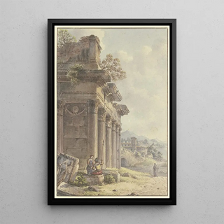 VictorJean Nicolle - Architektonisches Capriccio Ruinen einer Tempelfassade im Hintergrund Landschaft mit Gebuden und Seebucht.webp