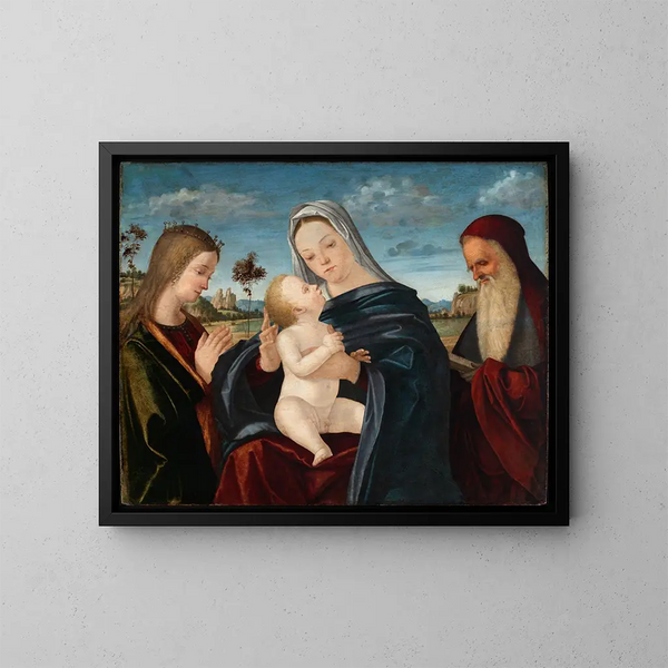 Marie ja lapsen sekä pyhimykset Katariina ja Hieronymus - Vittore Carpaccio — kehystetty taideteos seinällä