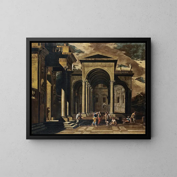 Un caprice de l'extérieur d'un palais élaboré avec saint Pierre guérissant les boiteux - Viviano Codazzi — kehystetty taideteos seinällä