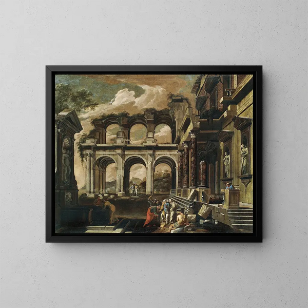Un caprice de la cour intérieure d'un palais en ruine avec le miracle de saint Paul - Viviano Codazzi — kehystetty taideteos seinällä