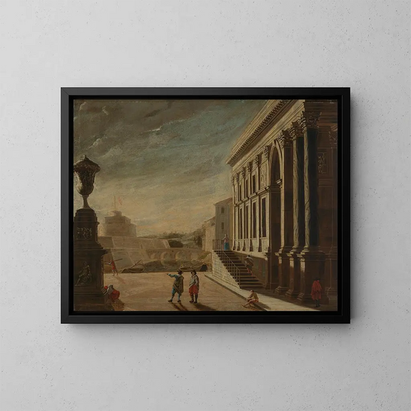 Vue fantaisiste romaine avec vue sur le château Saint-Ange - Viviano Codazzi — kehystetty taideteos seinällä