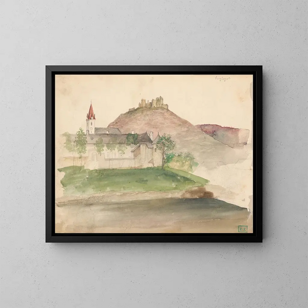 Vue des ruines du château à Szigliget - Vojtech Klimkovič — kehystetty taideteos seinällä