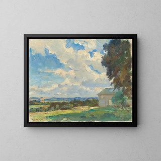Salisburyin katedraalista pellon yli Wiltonin yläpuolella - Wilfrid Gabriel de Glehn — kehystetty taideteos seinällä