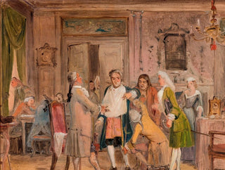 Vielgeschrey'n koetustilanteesta, Holberg, näytös 1, kohtaus 6, luonnos - Wilhelm Marstrand — näkymä teoksesta