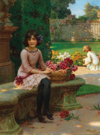 Wilhelm Menzler - A Girl with Flowers Sitting on a Park Bench.webp