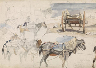 Willem Anthonie van Deventer - Studieblad met schelpenkar op het strand en diverse studies van paarden.webp