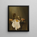 Banketje-maalauksen still life, jossa on Roemer-lasi, hopeinen kuppi sivulla, kinkku, persikoita, suolasirotin, pieni leipä ja valkoinen pöytäliina osittain peitetyllä pöydällä – Willem Claesz. Heda — kehystetty taideteos seinällä