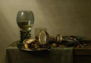 Willem Claesz Heda - Dessert still life with cake wine beer and nuts.webp