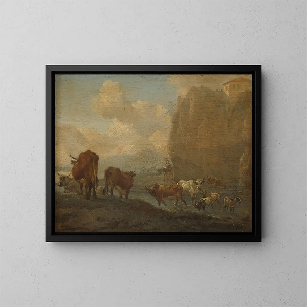 Bétail au bord d'une rivière - Willem Romeyn — kehystetty taideteos seinällä