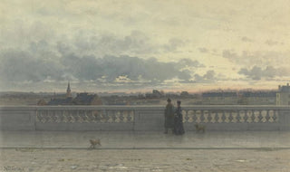 Willem de Famars Testas - Gezicht vanaf een terras over Brussel in avondschemering.webp