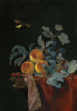 Willem van Aelst - A Still Life With Peaches Raspberries And Damsons On A Partially Covered Marble Ledge A Bird Flying Above.webp