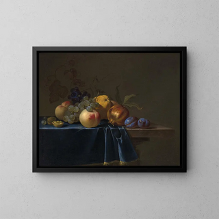Willem van Aelst - Peaches grapes pomegranate and plums on an entablature.webp