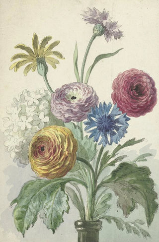 Willem van Leen - Boeket bloemen in de hals van een groene vaas.webp