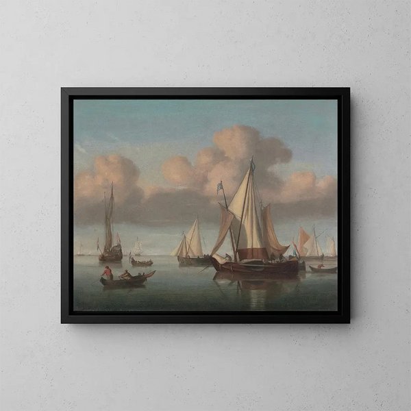 Un kaag au mouillage avec les voiles hissées et un yacht d'État et d'autres navires - Willem van de Velde le Jeune — kehystetty taideteos seinällä
