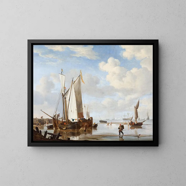 Un wijdschip et un kaag dans une crique près d'un mur de mer - Willem van de Velde le Jeune — kehystetty taideteos seinällä