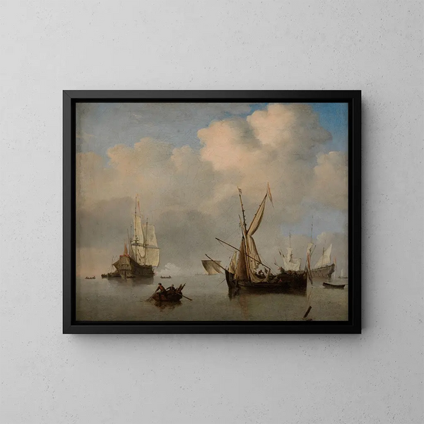 Mer calme avec deux petits caboteurs néerlandais à l'ancre bord à bord - Willem van de Velde le Jeune — kehystetty taideteos seinällä