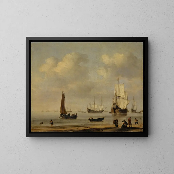 Trois-mâts et bateaux de pêche dans un calme - Willem van de Velde le Jeune — kehystetty taideteos seinällä