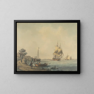 William Anderson - A TwoDecker Running up the Estuary with Figures on the Beach in the Foreground.webp