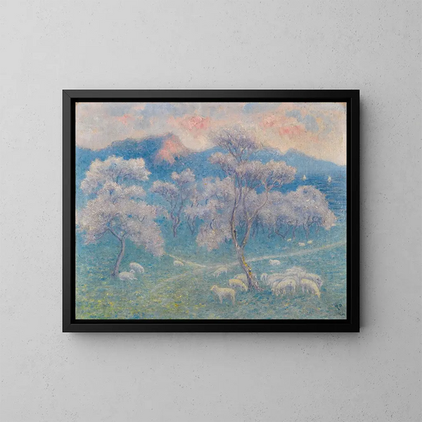 Moutons sous les amandiers - William Degouve de Nuncques — kehystetty taideteos seinällä