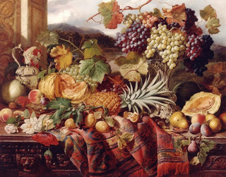 William Duffield - Still Life with Mixed Fruit  a Rug with Landscape Beyond.webp