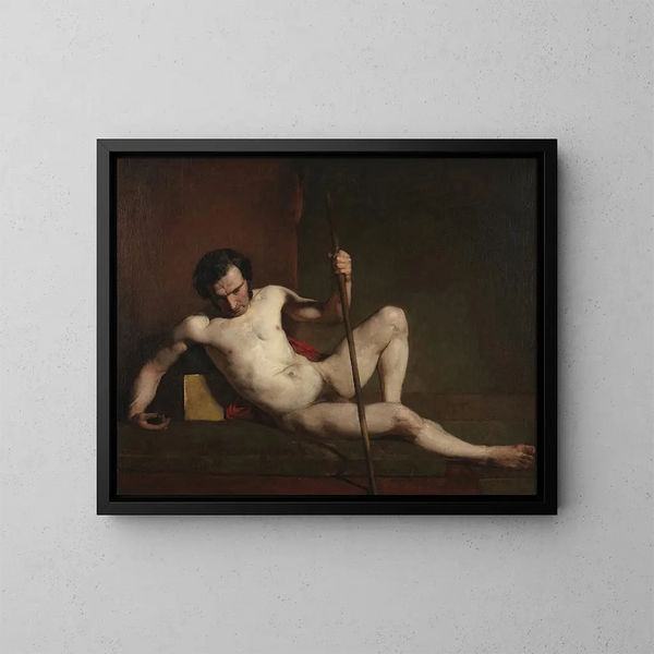 Nu-mies maalaus, joka nojaa sauvaan - William Etty — kehystetty taideteos seinällä