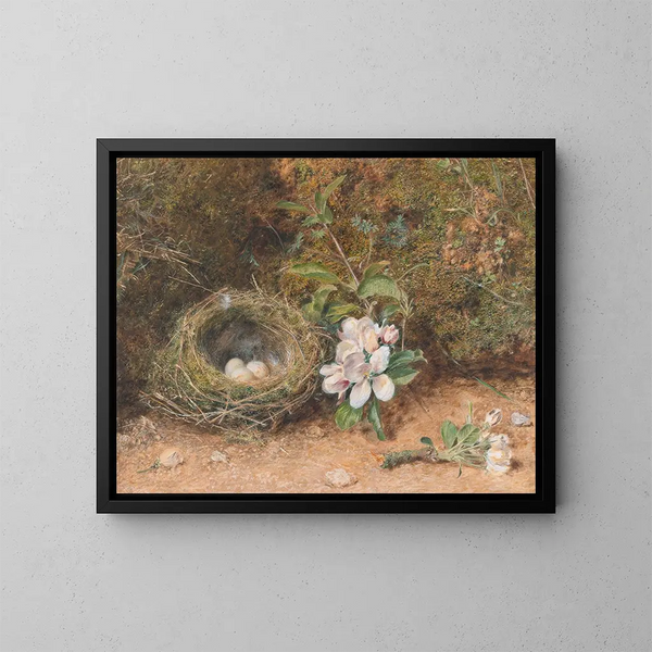 Nid d'oiseaux avec des branches de fleurs de pommier - William Henry Hunt — kehystetty taideteos seinällä