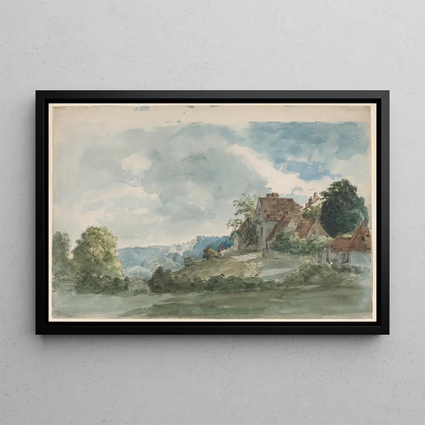 William Henry Huntin laaja maisemamaalaus - Cottages — kehystetty taideteos seinällä