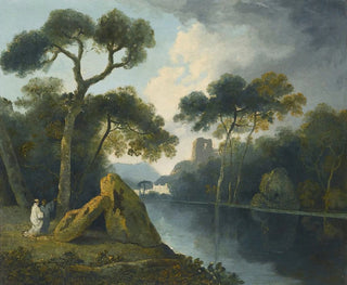 William Hodges - A River Landscape With Monks Conversing By A Pair Of Megaliths With Ruins Beyond.webp
