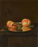 William Jones Bathista | Still life with peaches and a plum on a pewter plate on a ledge - William Jones de Bath — näkymä teoksesta