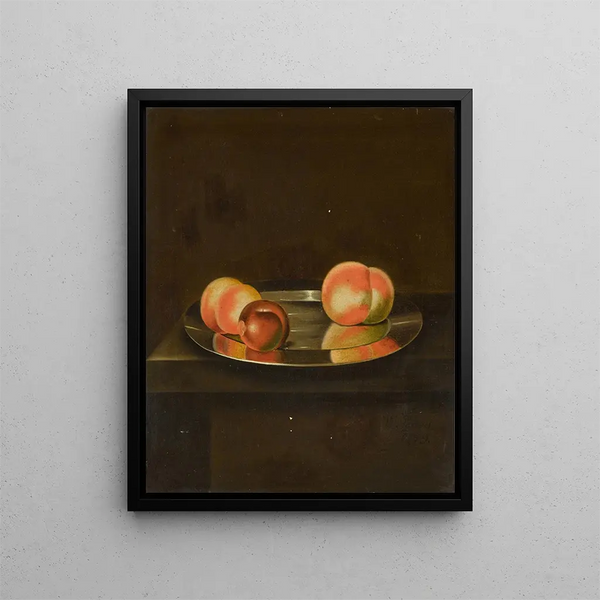William Jones of Bath - A still life with peaches and a plum on a pewter plate on a ledge.webp