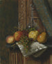 Munchenin sanomalehtipaperista tehty still life -maalauksessa on hedelmiä ja karahvi - William Michael Harnett — näkymä teoksesta