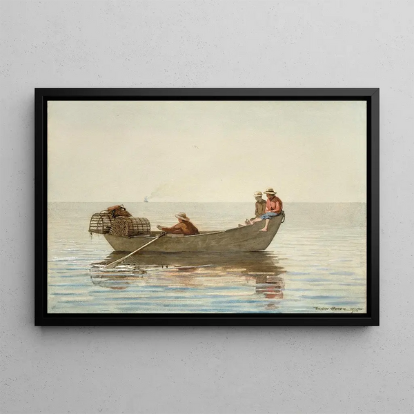 Kolme poikaa doryssä hummerilaatikoiden kanssa - Winslow Homer — kehystetty taideteos seinällä