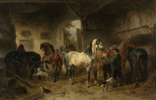 Wouterus Verschuur - Interieur van een stal met paarden en figuren.webp