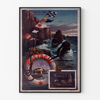 Vintagetyylinen Bretagne-juliste – Belle-Île-en-Mer, Bretagne, ohueen kehykseen asetettuna vaalealla seinällä.