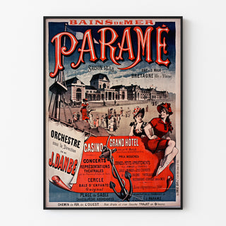 Vintage-juliste Bretagnessa – Paramé, Saint-Malonlahti, esitetty ohuessa kehyksessä vaalealla seinällä.