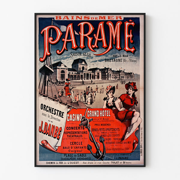 Vintage-juliste Bretagnessa – Paramé, Saint-Malonlahti, esitetty ohuessa kehyksessä vaalealla seinällä.
