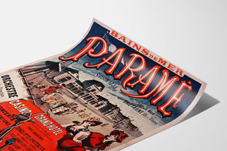 Vintage-juliste Bretagnessa – Paramé, Saint-Malonlahti, esitetty kaarevalla paperilla, perspektiivinäkymä.