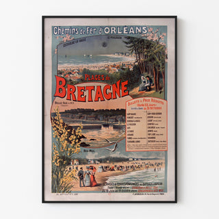 Bretagne-vintag-juliste – Plages de Bretagne, rautatiet, ohutkehyksessä vaalealla seinällä.