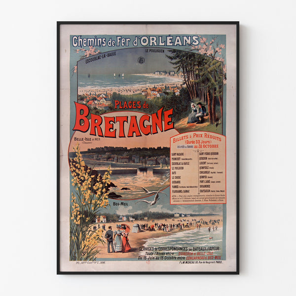 Bretagne-vintag-juliste – Plages de Bretagne, rautatiet, ohutkehyksessä vaalealla seinällä.