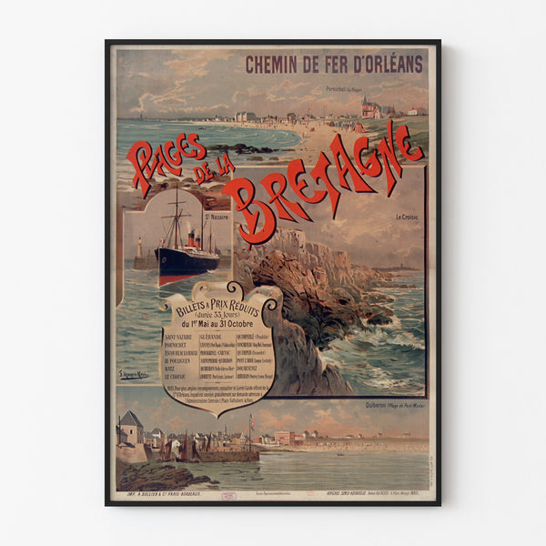 Vintagetyylinen Bretagne-juliste – Bretagnen rannat, Orléans, ohueen kehykseen asetettuna vaalealla seinällä.