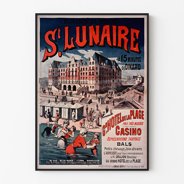 Vintage-juliste Bretagne – Saint-Lunaire, merikylpylä, esillä ohuessa kehyksessä vaalealla seinällä.