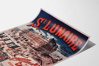 Vintage-juliste Bretagnessa – Saint-Lunaire, merikylpylä, esitetty kaarevalla paperilla, perspektiivinäkymä.