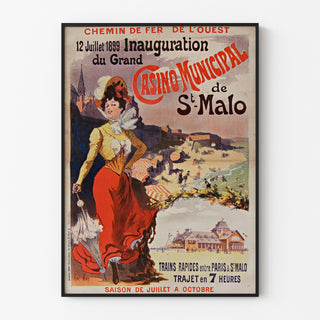 Vintage-juliste Bretagnessa – Saint-Malo, kasinon avajaiset, esitetty ohuessa kehyksessä vaalealla seinällä.