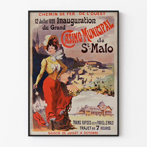 Vintage-juliste Bretagnessa – Saint-Malo, kasinon avajaiset, esitetty ohuessa kehyksessä vaalealla seinällä.