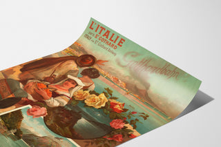 Rautatiejuliste – Italia via Saint-Gothard, 1892, esitetty kaartuvalla paperilla perspektiivissä.