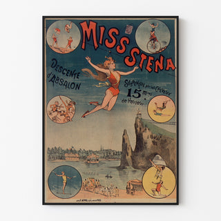 Vintagijuliste sirkus Miss Stena, Absalonin lasku, ohuessa kehyksessä vaalealla seinällä.