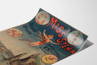 Vintagijuliste sirkus Miss Stena, Absalonin lasku, esitettyä kaartuvalla paperilla perspektiivistä nähtynä.